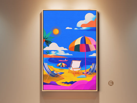 Vibrant beach scene artwork in a floating frame. The framed canvas adds a touch of modern elegance. The colorful artwork captures the essence of a sunny day at the beach. The beach umbrella and chairs evoke a sense of relaxation and vacation. Perfect wall decor for any room that needs a pop of color.