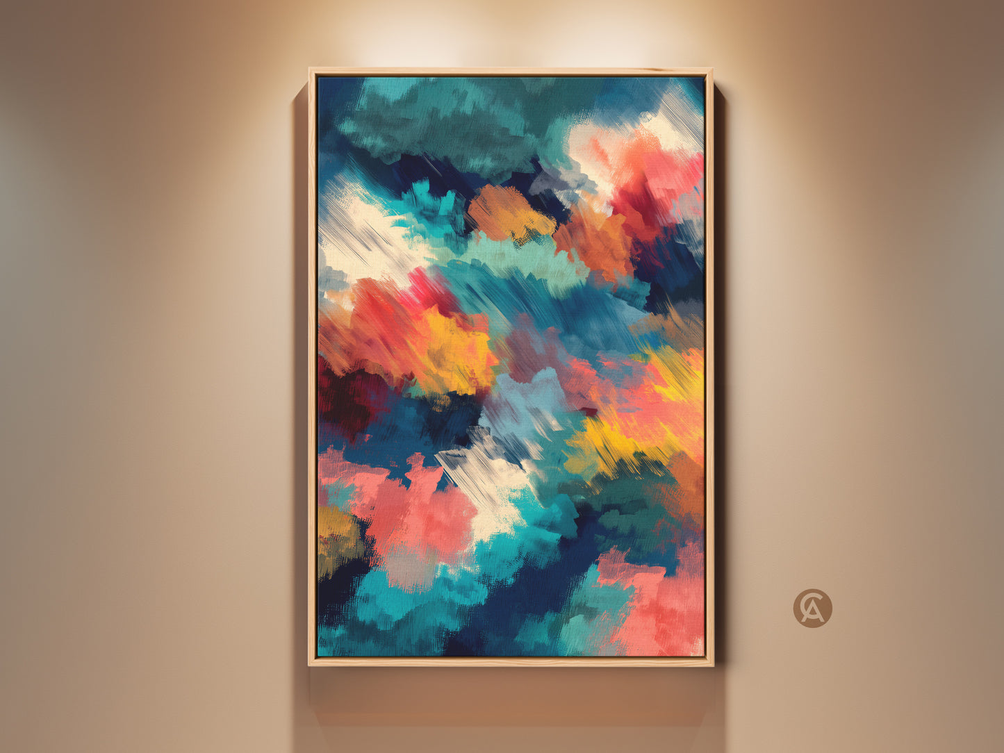 Framed abstract art on a wall. The artwork features brushstrokes of teal red and yellow. This canvas art is a modern and colorful piece. It will add a touch of creativity to any room.