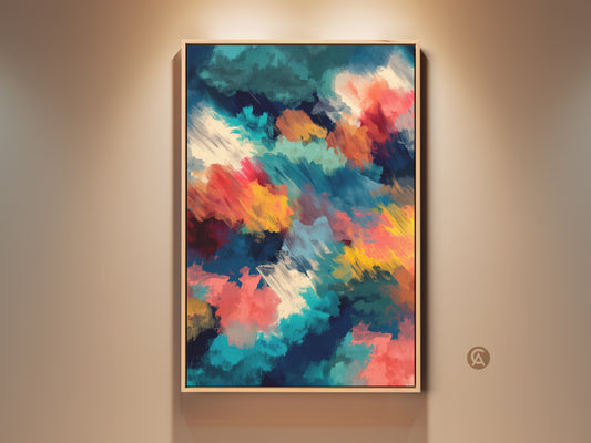 Framed abstract art on a wall. The artwork features brushstrokes of teal red and yellow. This canvas art is a modern and colorful piece. It will add a touch of creativity to any room.