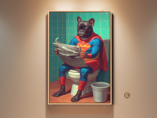 This French Bulldog superhero art print adds humor to your eclectic home. A funny dog sits on the toilet while reading. It's a pop culture twist on pet art. This vibrant blue red and teal artwork is perfect as a unique dog lover gift. It will enhance any bathroom or living space