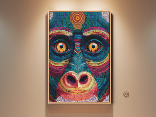 Elevate your space with this Abstract Monkey Art Print. A Tribal Gorilla Canvas Wall Art in eclectic style. The colorful animal portrait is rendered in yellow orange and teal. It makes a unique gift for animal lovers adding personality to your home decor.