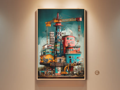 Framed surreal industrial art print featuring an oil rig and construction crane. This canvas wall decor uses a vibrant yellow red and teal color palette. Perfect gift for engineers and architects to add to any office.