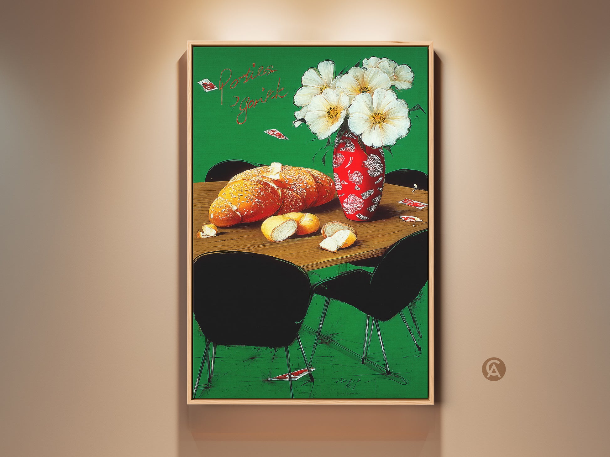 A framed French bakery still life art. Featuring bread flowers and playing cards. It is displayed on a wall with warm lighting. Perfect eclectic folk art wall decor for your home.