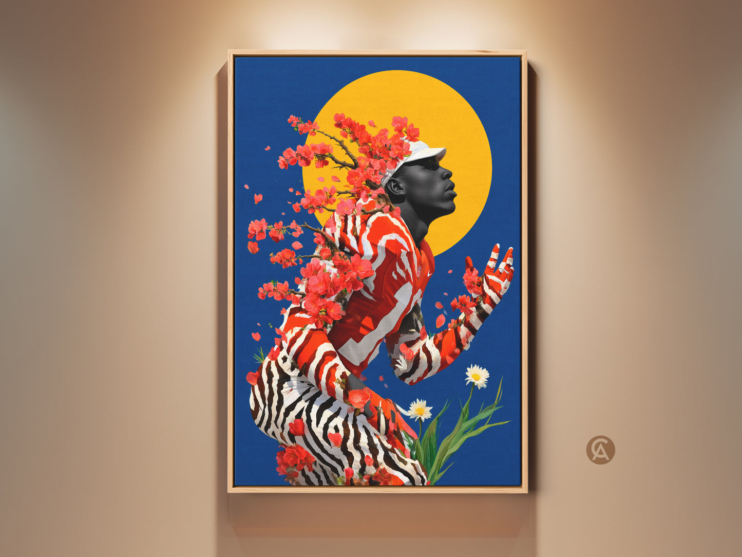 Surreal man art print showcases a contemporary portrait with vibrant cherry blossoms against a blue and yellow sun. The artwork blends abstract elements and a bold red and orange palette with blue accents. This eclectic home decor adds modern art to any room. The premium canvas offers a unique visual.