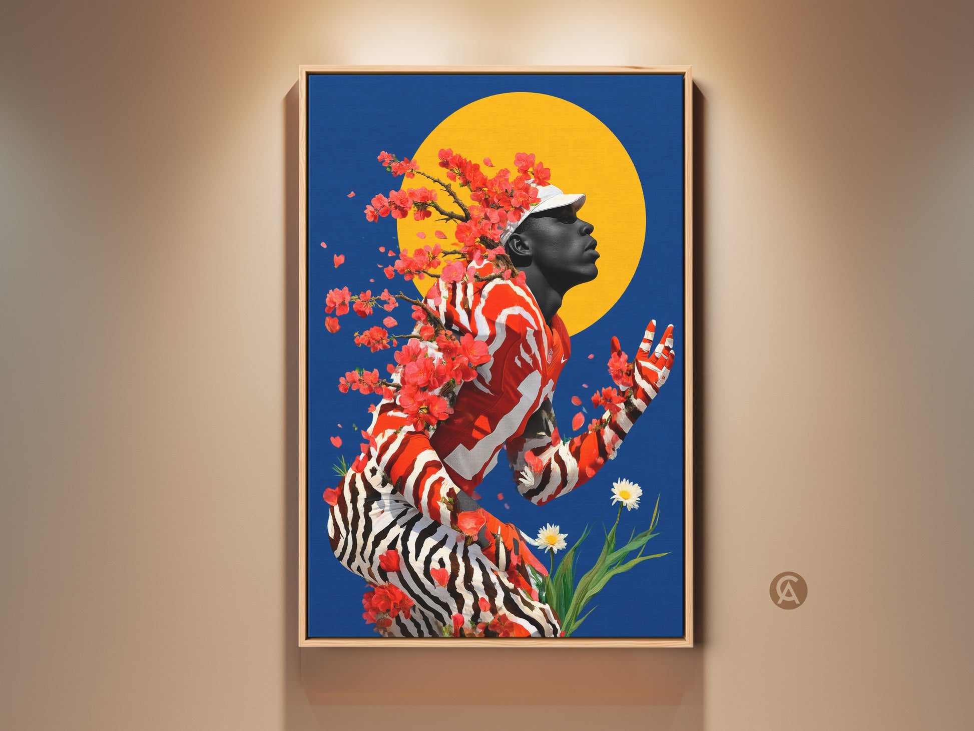 Surreal man art print showcases a contemporary portrait with vibrant cherry blossoms against a blue and yellow sun. The artwork blends abstract elements and a bold red and orange palette with blue accents. This eclectic home decor adds modern art to any room. The premium canvas offers a unique visual.