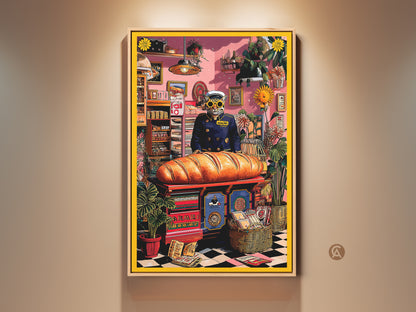 A framed Cat Baker Art Print. This artwork features a surreal cat in a chef's uniform. It is surrounded by bread and plants in a whimsical kitchen scene. This piece is perfect for cat lovers who want a unique home art print.