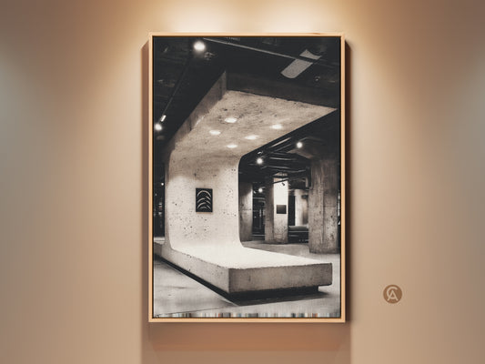 Black and White Brutalist Art Print on wall. Industrial loft concrete artwork adds modernism to office decor. Shop now for minimalist office art. It's perfect for architecture enthusiasts. This piece enhances contemporary spaces with urban charm.  Discover our unique collection!