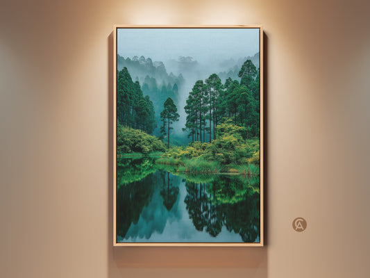 Framed nature artwork capturing a serene forest lake scene. The still water reflects the lush green trees and misty mountains. This tranquil landscape art adds a touch of nature to any space.