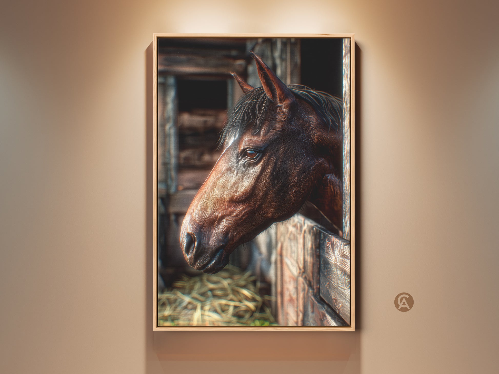 Framed horse art in rustic setting. The artwork shows a detailed portrait of a horse looking out from a wooden stable. This fine art print is perfect for adding a touch of equestrian charm to your home.