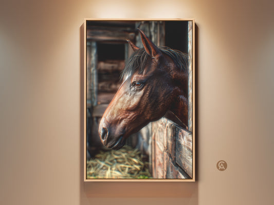 Framed horse art in rustic setting. The artwork shows a detailed portrait of a horse looking out from a wooden stable. This fine art print is perfect for adding a touch of equestrian charm to your home.