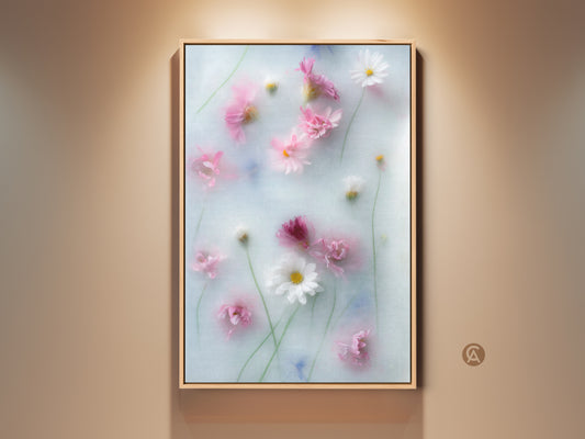 Soft focus pink daisy and cosmos flowers botanical art print. Dreamy pastel blue wall art adds a touch of Scandinavian style to your home decor. The gentle flower artwork creates a romantic floral wall hanging. Perfect as a Mother's Day gift or a tranquil addition to any room.
