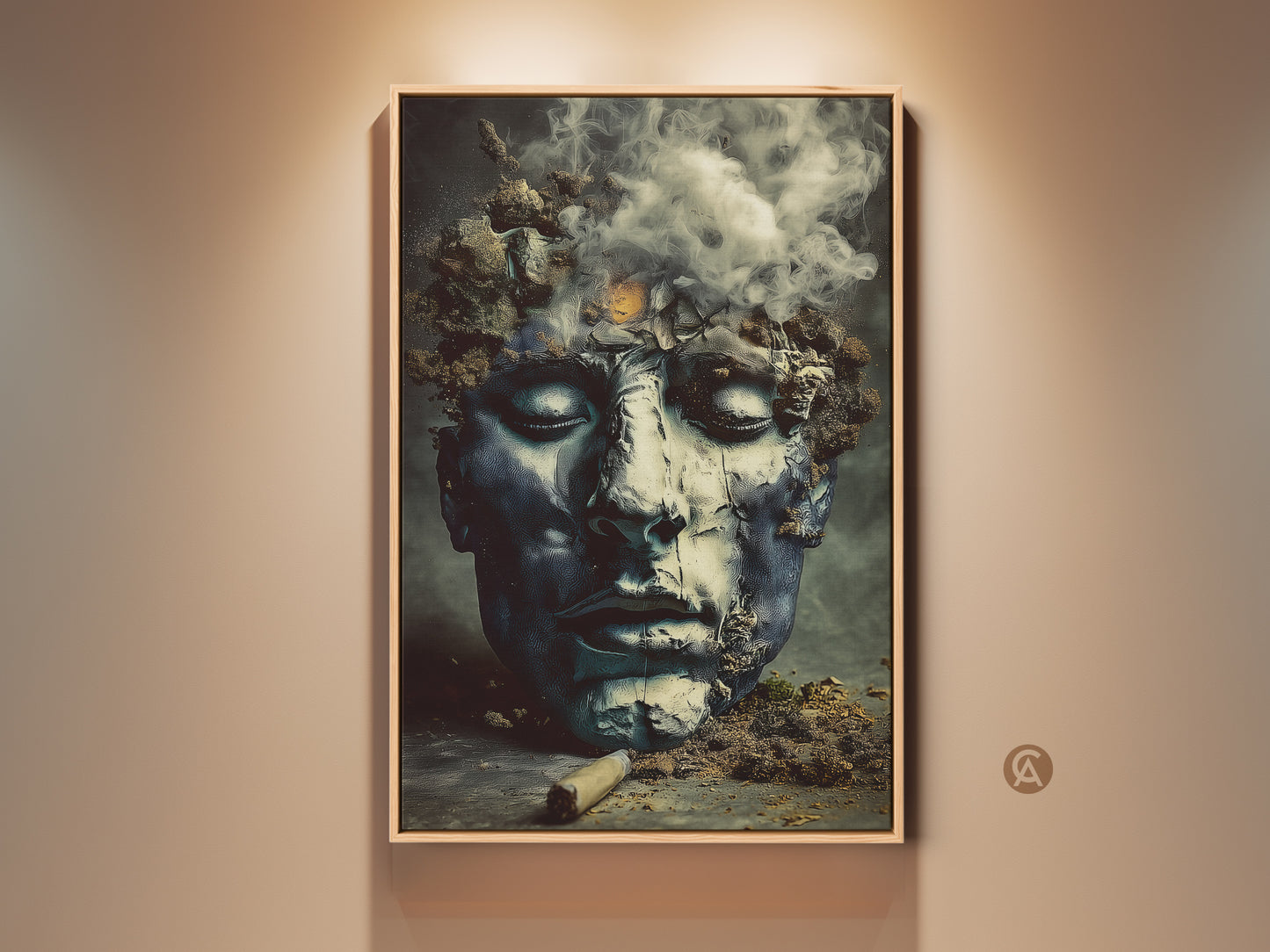 Framed surreal face canvas print displayed in a well lit room. This dark academia abstract figurative artwork uses a deep blue charcoal teal color palette. Perfect eclectic home decor or office wall art.