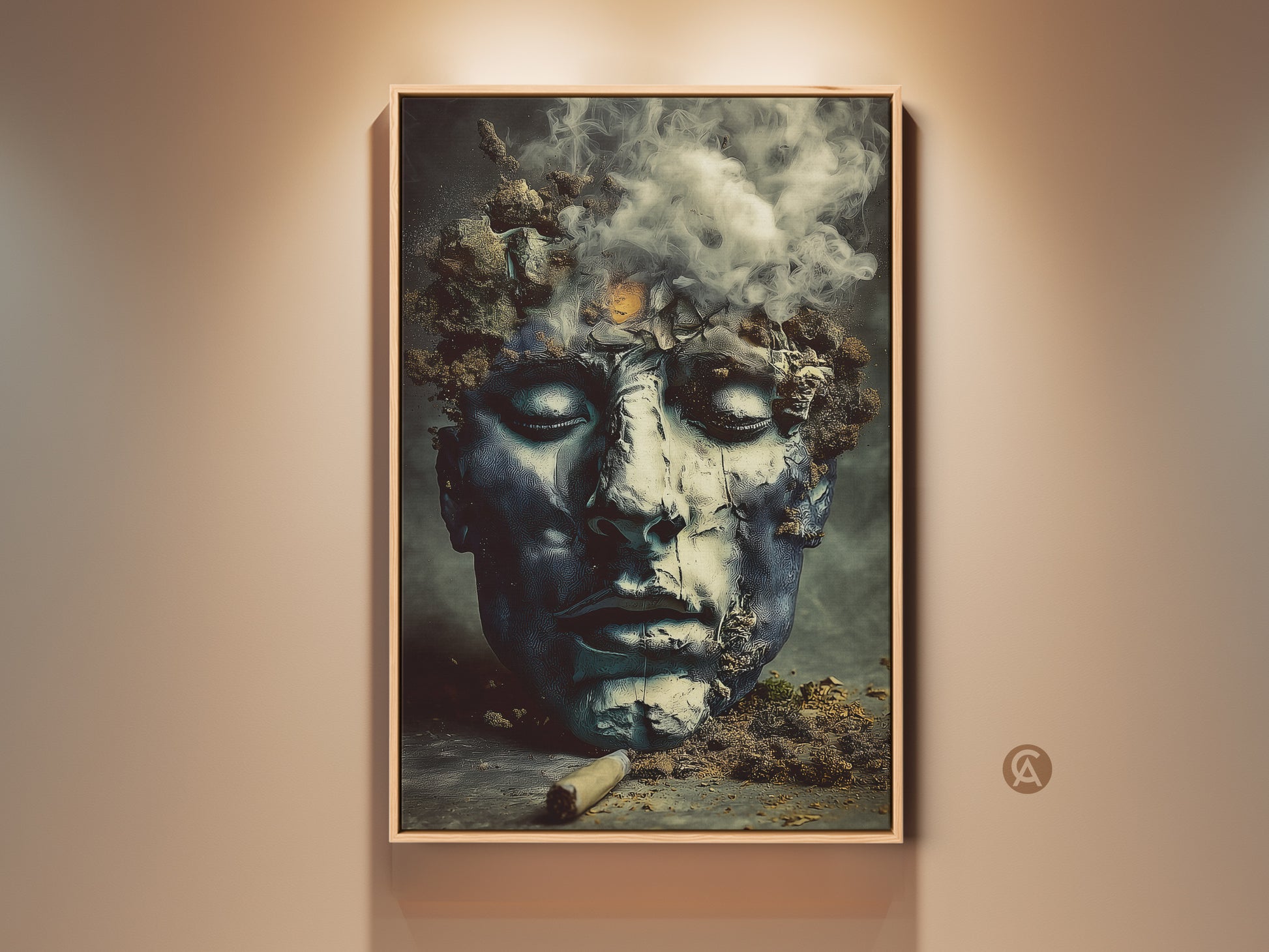 Framed surreal face canvas print displayed in a well lit room. This dark academia abstract figurative artwork uses a deep blue charcoal teal color palette. Perfect eclectic home decor or office wall art.