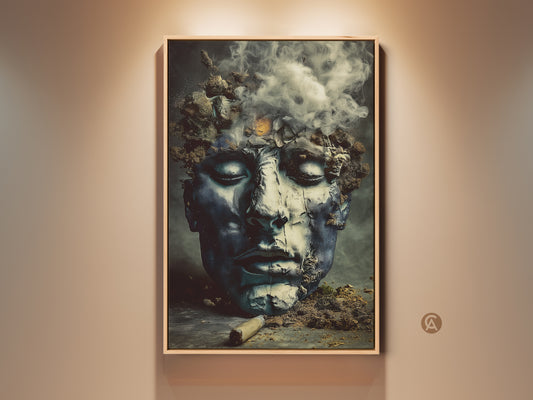 Framed surreal face canvas print displayed in a well lit room. This dark academia abstract figurative artwork uses a deep blue charcoal teal color palette. Perfect eclectic home decor or office wall art.