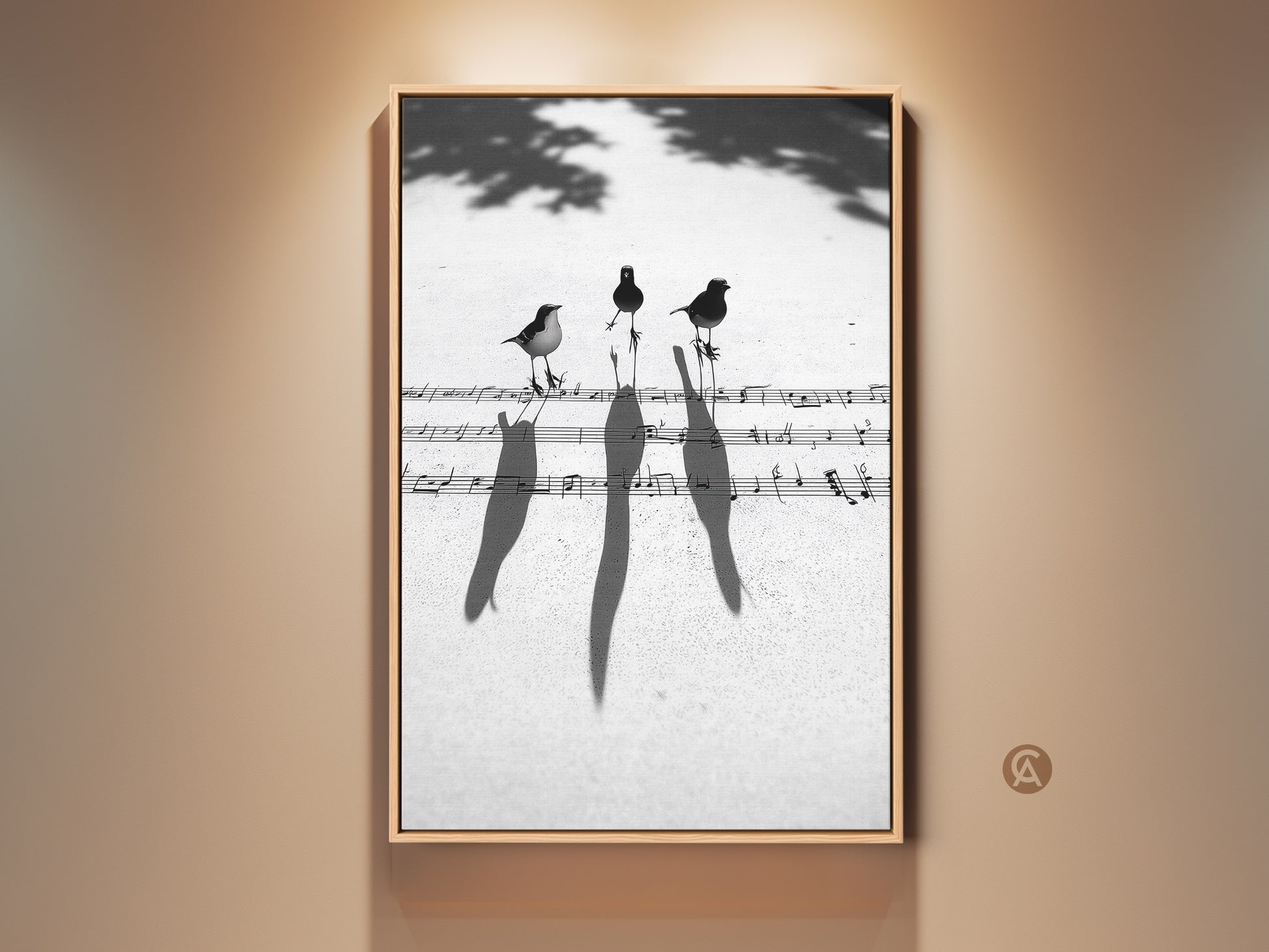 Framed minimalist birds on musical notes art print in a study. The monochrome artwork adds a touch of contemporary style. Perfect musician gift or unique office decor.