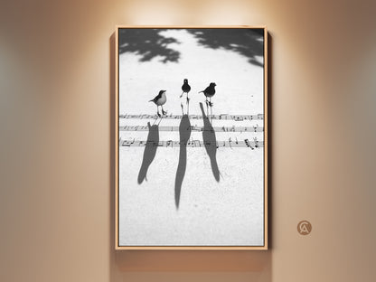 Framed minimalist birds on musical notes art print in a study. The monochrome artwork adds a touch of contemporary style. Perfect musician gift or unique office decor.