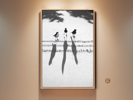 Framed minimalist birds on musical notes art print in a study. The monochrome artwork adds a touch of contemporary style. Perfect musician gift or unique office decor.