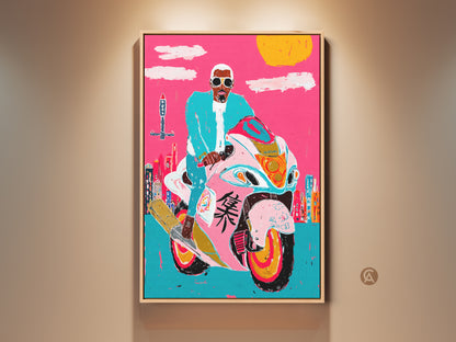 Eclectic Pop Art Motorcycle Canvas Print shows a rider in a hot pink turquoise cityscape. This Urban Wall Decor adds a vibrant graffiti style to any room. A unique birthday motorcycle present for him. Brightly Colored Art for a teal accent wall or hallway.