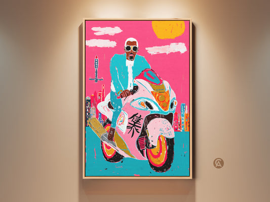 Eclectic Pop Art Motorcycle Canvas Print shows a rider in a hot pink turquoise cityscape. This Urban Wall Decor adds a vibrant graffiti style to any room. A unique birthday motorcycle present for him. Brightly Colored Art for a teal accent wall or hallway.