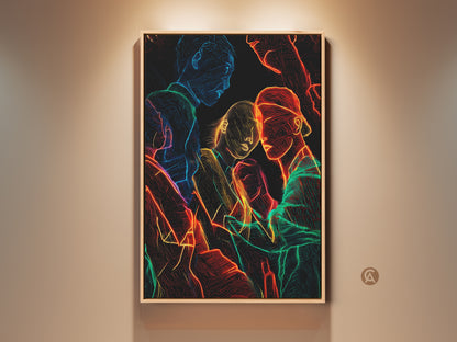 Contemporary neon line art group portrait canvas print in a wood frame. Abstract figurative people artwork adds a modern touch. Red blue and green neon art on a dark background for a vibrant edgy look. Perfect bedroom or living room wall decor.