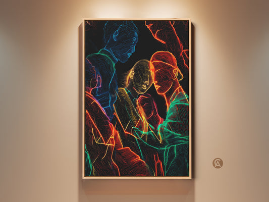 Contemporary neon line art group portrait canvas print in a wood frame. Abstract figurative people artwork adds a modern touch. Red blue and green neon art on a dark background for a vibrant edgy look. Perfect bedroom or living room wall decor.