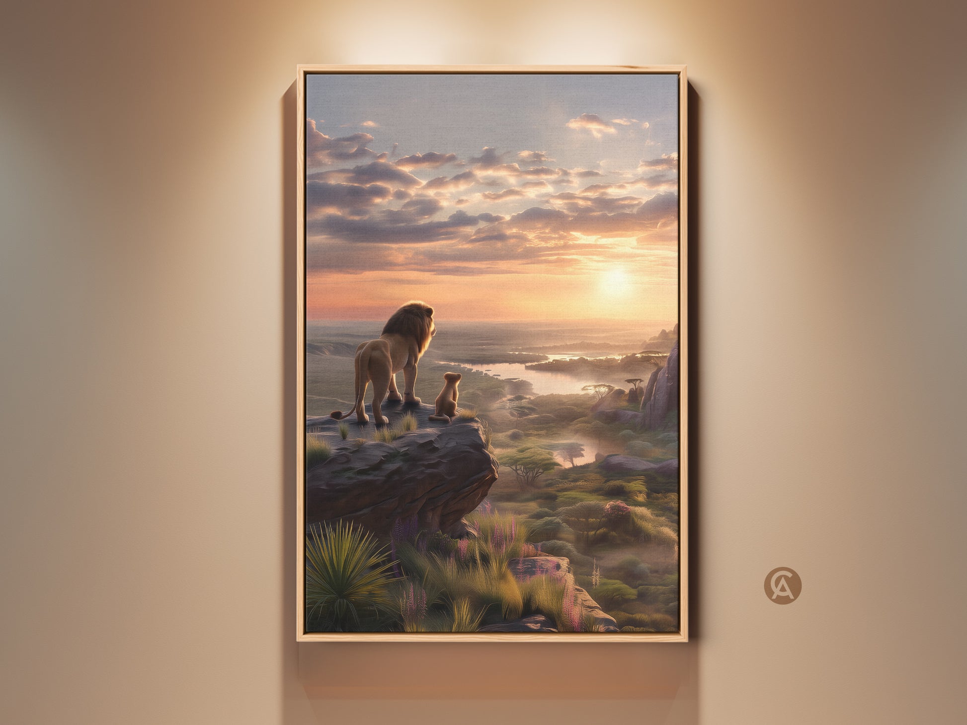 Majestic Lion and Cub Canvas Art. A breathtaking African sunrise illuminates the savanna. This 'Golden Hour' artwork captures the tender bond of parent and child. Add warmth to your home with this wildlife wall decor. A perfect housewarming gift for animal lovers seeking eclectic art.