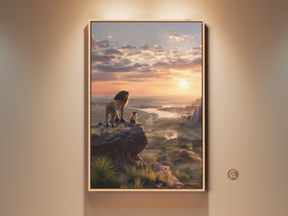 Majestic Lion and Cub Canvas Art. A breathtaking African sunrise illuminates the savanna. This 'Golden Hour' artwork captures the tender bond of parent and child. Add warmth to your home with this wildlife wall decor. A perfect housewarming gift for animal lovers seeking eclectic art.