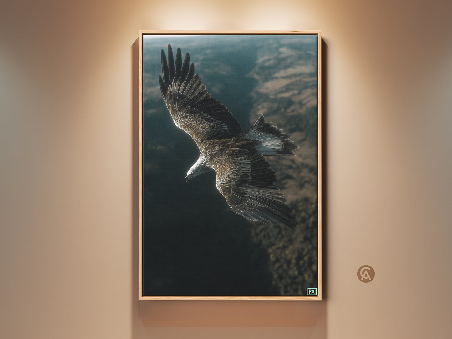 Realistic eagle in flight canvas print. This wildlife artwork shows its wings against a blurred natural backdrop. A perfect addition to a bedroom or home office. Bird art fits with modern rustic decor. It is a thoughtful gift for bird watchers.