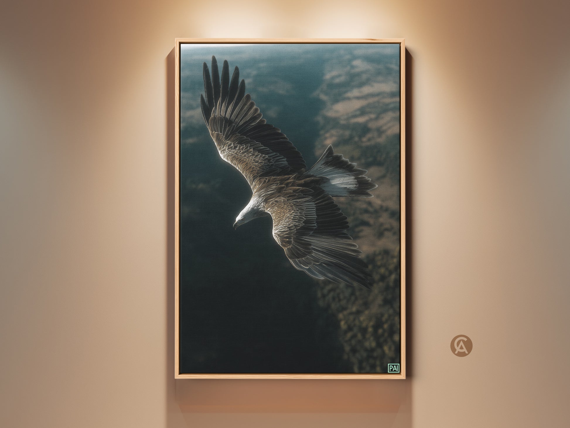 Realistic eagle in flight canvas print. This wildlife artwork shows its wings against a blurred natural backdrop. A perfect addition to a bedroom or home office. Bird art fits with modern rustic decor. It is a thoughtful gift for bird watchers.