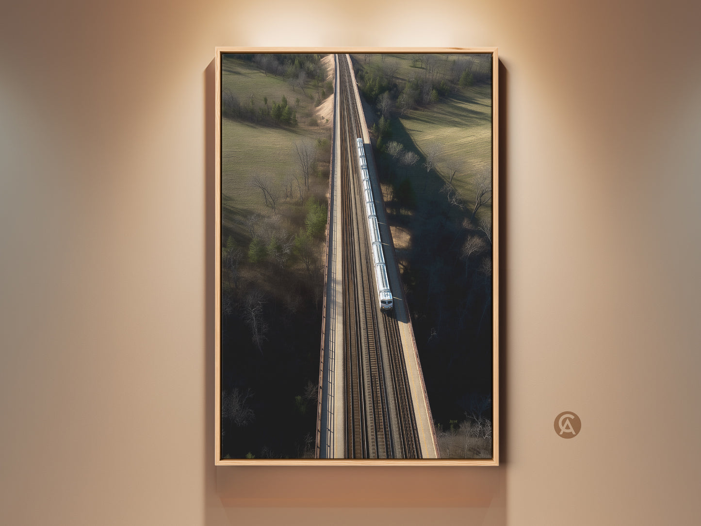 Enhance your home with this aerial train bridge art. The modern landscape canvas features a realistic train crossing. It's perfect for entryway home decor. The artwork captures a unique transportation and nature theme. The art is printed on premium canvas material ready to hang.