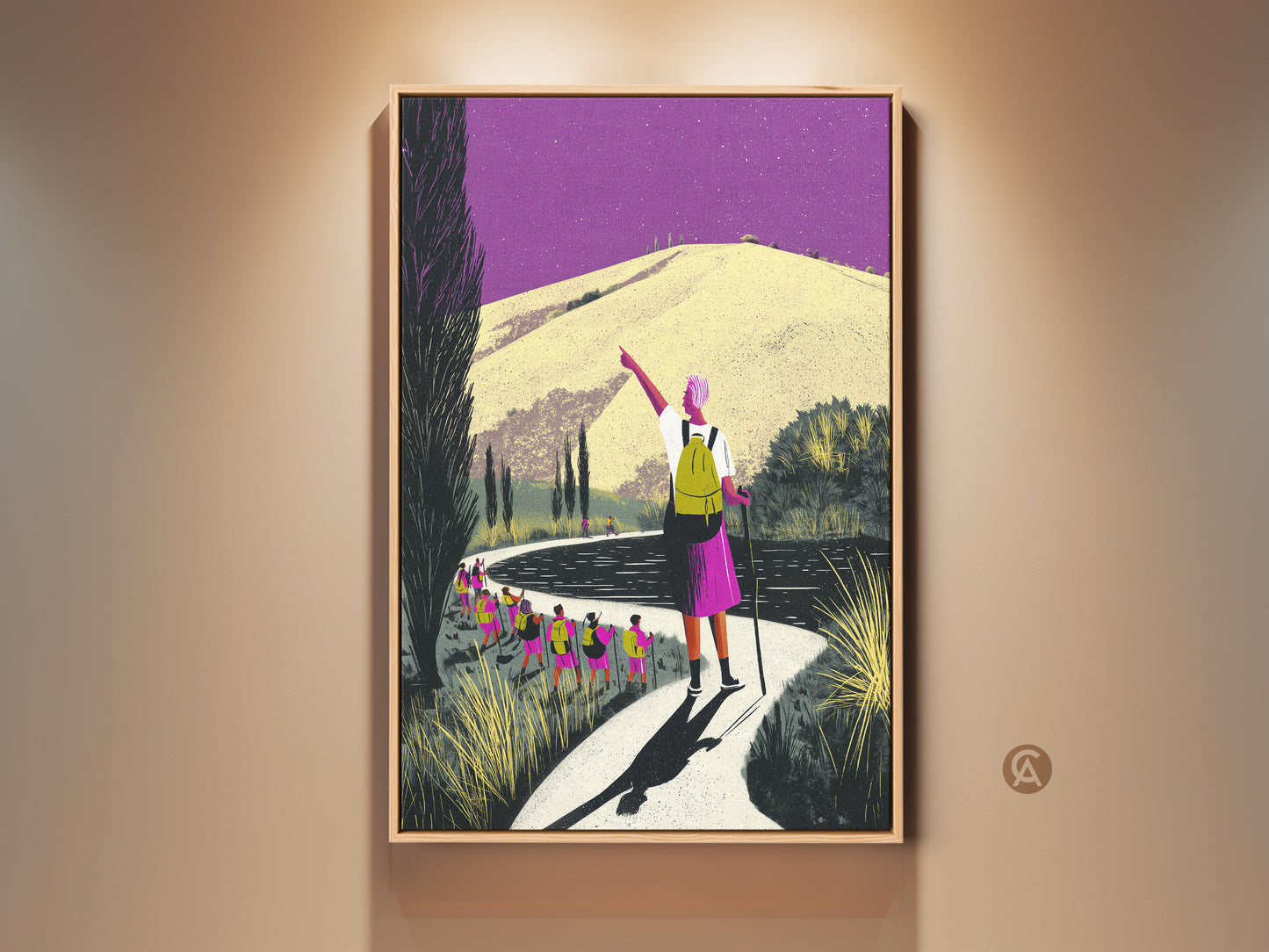 Boho mountain landscape canvas art print. This purple yellow hiking art shows a group of hikers on a mountain path. The artwork adds a wanderlust touch to your home decor. A perfect gift for travelers and adventure seekers.