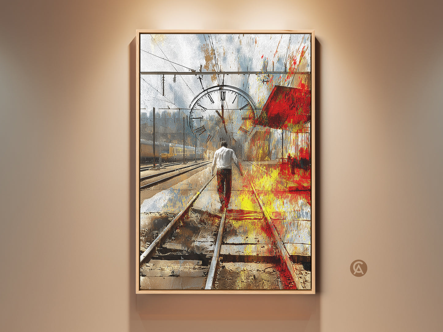 Abstract Expressionism Canvas Print. This surreal artwork features a man walking on train tracks with a clock. Red yellow and blue hues blend in an eclectic style. A unique wall hanging for home or office. A perfect traveler gift.