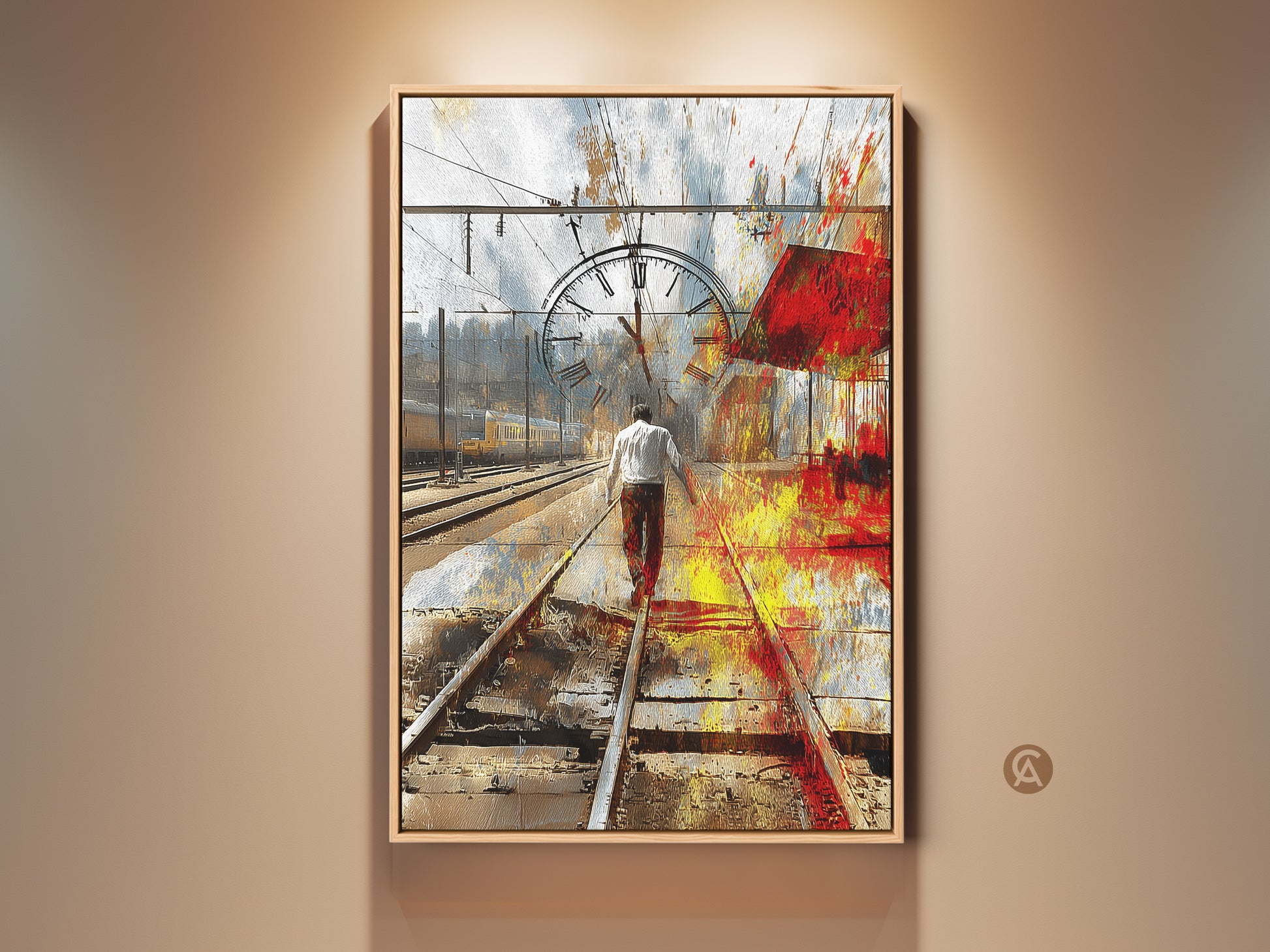 Abstract Expressionism Canvas Print. This surreal artwork features a man walking on train tracks with a clock. Red yellow and blue hues blend in an eclectic style. A unique wall hanging for home or office. A perfect traveler gift.