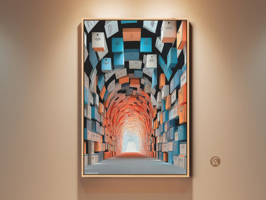 Contemporary abstract tunnel wall art featuring a conceptual arrangement of orange teal and blue boxes. This canvas print offers a unique perspective. Perfect as hallway decor or as a focal point in any room. This artwork brings a sophisticated element to your space. The framing enhances its appeal.