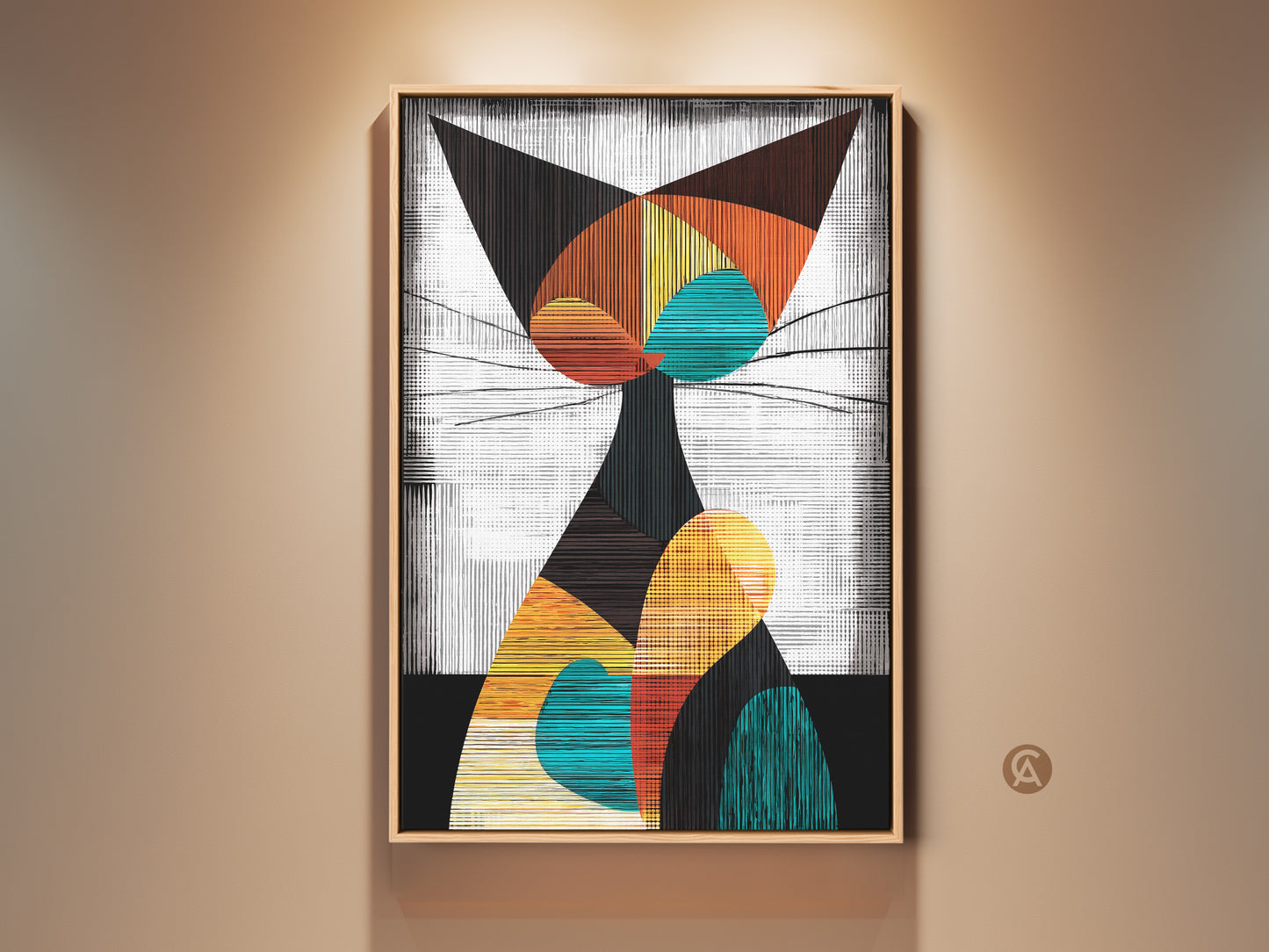 Framed abstract geometric cat artwork in a living room. The mid century modern art features teal orange and yellow. This colorful feline wall art is a housewarming gift for cat lovers.