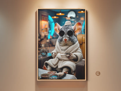 This framed chinchilla art print features a surreal animal in a robe holding a cup. The gray brown and teal artwork brings humor to eclectic decor. It is an ideal gift for animal lovers bedroom wall.