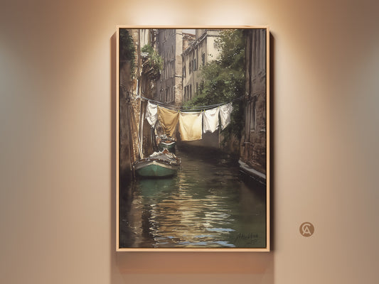 Venetian canal art print featuring a green boat in calm waters. Laundry hangs above adding old-world charm. This impressionistic cityscape wall art brings traditional European decor to dining rooms or living spaces. A perfect housewarming gift for travel lovers seeking classic art.