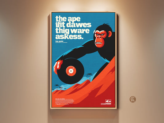 Vintage ape vinyl record poster. This retro music wall art print features an ape holding a record. The eclectic office decor has blue orange and black colors. A cool ape themed artwork.