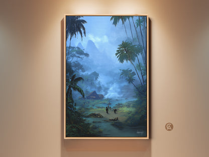 Boho tropical wall art features a misty mountain village with teal blue palm trees. This nature artwork is a perfect gift for travel lovers. The framed canvas enhances the serene landscape. Add bohemian charm to your home with this exotic village wall hanging. This is nature-inspired artwork for travel enthusiasts.