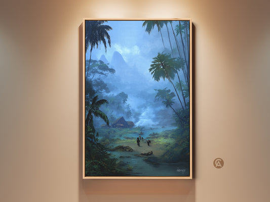 Boho tropical wall art features a misty mountain village with teal blue palm trees. This nature artwork is a perfect gift for travel lovers. The framed canvas enhances the serene landscape. Add bohemian charm to your home with this exotic village wall hanging. This is nature-inspired artwork for travel enthusiasts.