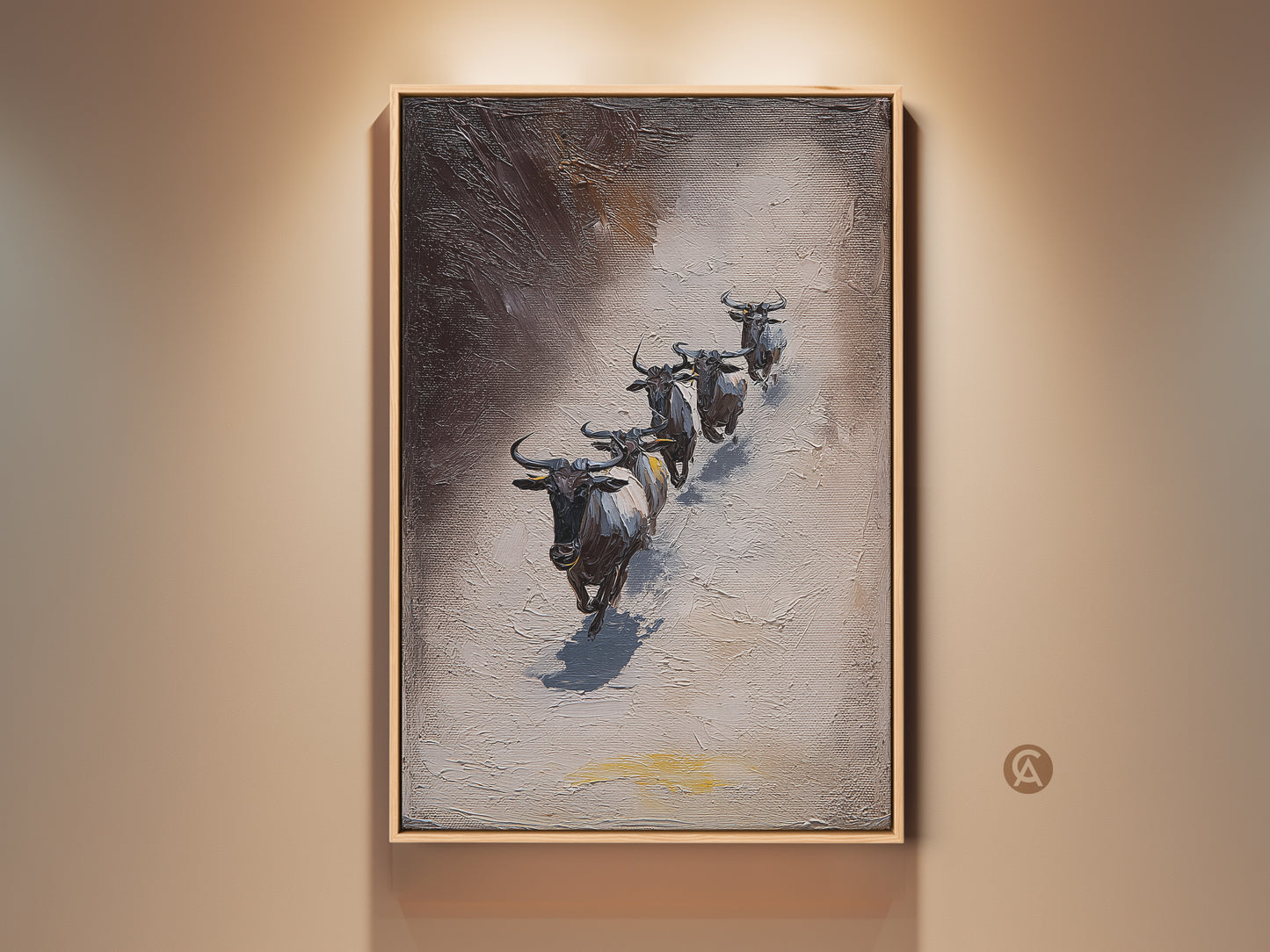 Rustic Wildebeest Art Print displayed in a living space. This textured African wildlife canvas art offers an impressionistic take on animals in gray and brown tones. A unique home decor gift idea. Perfect for adding a touch of nature and wildlife to any room with this artwork.
