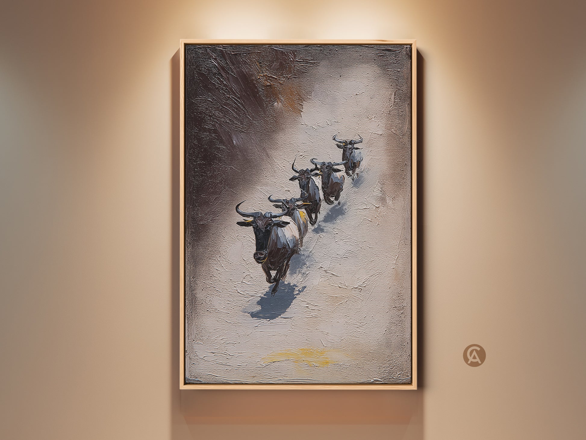 Rustic Wildebeest Art Print displayed in a living space. This textured African wildlife canvas art offers an impressionistic take on animals in gray and brown tones. A unique home decor gift idea. Perfect for adding a touch of nature and wildlife to any room with this artwork.