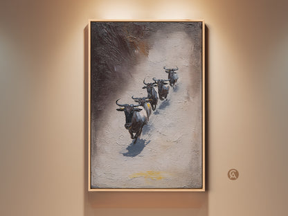 Rustic Wildebeest Art Print displayed in a living space. This textured African wildlife canvas art offers an impressionistic take on animals in gray and brown tones. A unique home decor gift idea. Perfect for adding a touch of nature and wildlife to any room with this artwork.