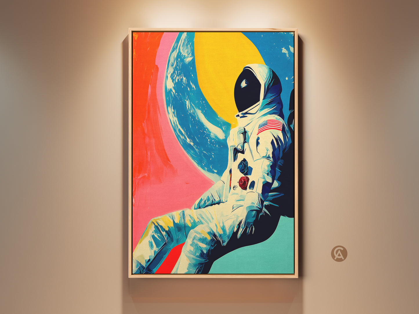 Retro Futurism Astronaut Canvas Art. This space art print features an astronaut gazing at Earth with bold colors. The contemporary artwork brings a dynamic feel to any room. It makes a unique gift for sci-fi fans ready to hang for home decor.