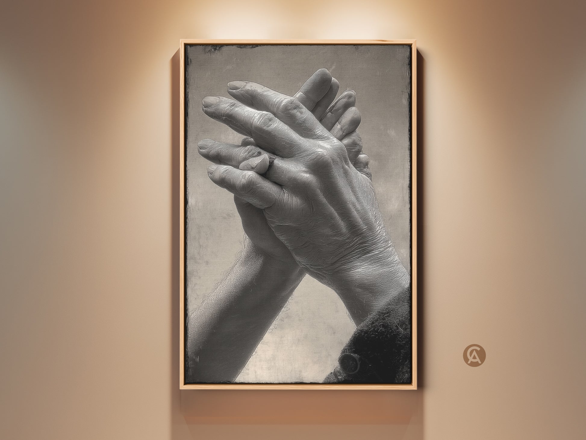 Framed intertwined hands art print. Contemporary abstract wall decor in monochrome. A perfect anniversary bedroom art piece. The black frame enhances the artwork's elegant and modern style. This is a unique gift for couples.