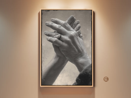 Framed intertwined hands art print. Contemporary abstract wall decor in monochrome. A perfect anniversary bedroom art piece. The black frame enhances the artwork's elegant and modern style. This is a unique gift for couples.