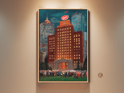 Burnt Orange & Golden Yellow Skyline art print. A contemporary cityscape artwork featuring a crowd in front of a tall building. This narrative architecture realism is perfect as office wall decor for history buffs and local enthusiasts.