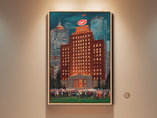 Burnt Orange & Golden Yellow Skyline art print. A contemporary cityscape artwork featuring a crowd in front of a tall building. This narrative architecture realism is perfect as office wall decor for history buffs and local enthusiasts.