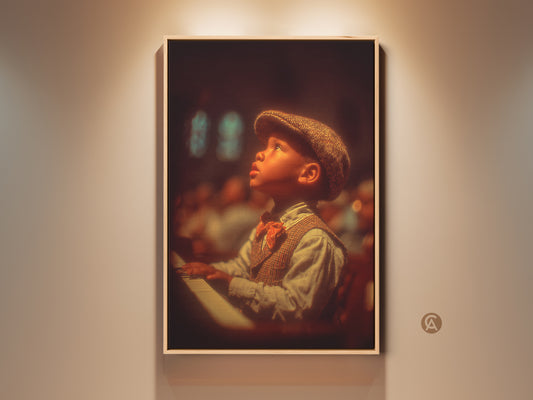 Framed artwork of a young boy in vintage attire playing the piano. He gazes upward in a contemplative pose. The art is displayed in a warm-toned frame enhancing its classic feel. Perfect for adding a touch of nostalgia and artistic flair to any room.  A timeless piece to enrich your home decor
