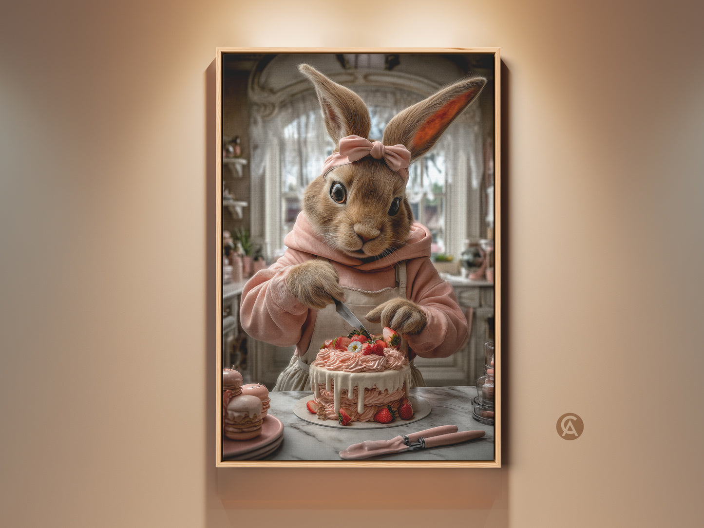 Charming bunny art print in a kitchen setting. This artwork features a cute bunny decorating a cake. It adds a touch of sweetness to any kitchen or home. The piece has an eclectic home style and a storybook illustration aesthetic. It's a wonderful gift for Easter or any occasion.